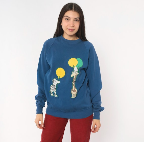 Zebra Giraffe Balloon Sweatshirt 90s Novelty Animal Print Applique Crewneck Raglan Sleeve Blue Pullover Cotton Cartoon Safari Vintage Large