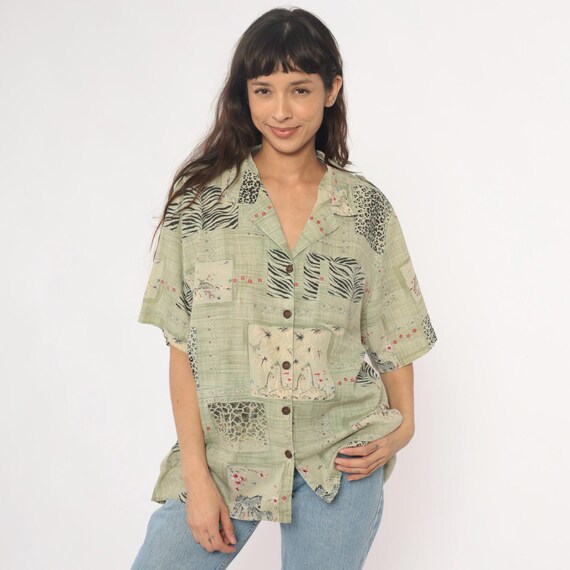 Safari Patchwork Shirt 90s Animal Print Zebra Leopard Tropical Floral Parrot Short Sleeve Collared Green Boxy Camp Top Extra Large XL