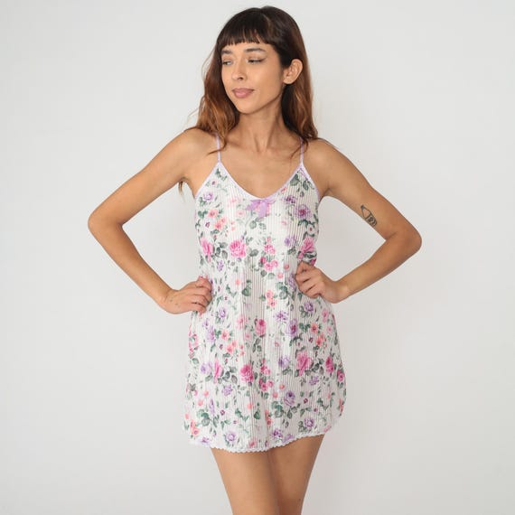 90s Floral Slip Dress Mini White Rose Print Pink Purple Flowers V Neck Bow Camisole Coquette Fairycore Summer Extra Extra Small XXS