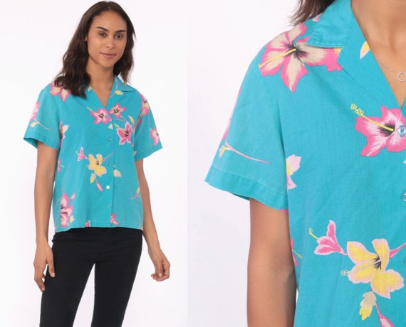 Blue Hawaiian Shirt Pink Floral Print Tropical Shirt 80s Blouse Button Up Resort Vacation Top Beach Blue Summer Medium 8
