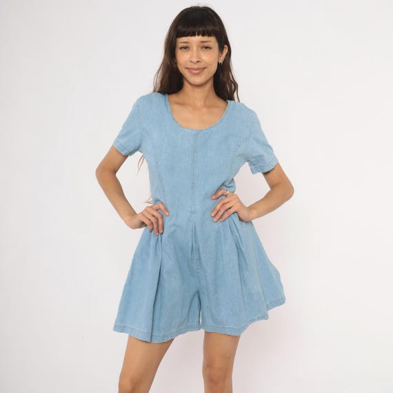 90s Denim Romper Light Blue Cotton Chambray Playsuit Scoop Neck Short Sleeve Pleated Waist One Piece Shorts Jumpsuit Vintage Medium M