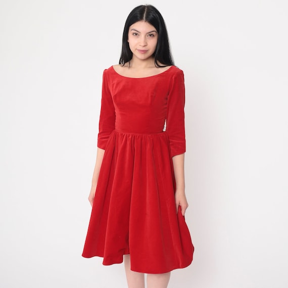 60s Red Velvet Dress -- 60s Party Dress Cocktail Dress 1960s 3/4 Sleeve Mini Evening High Waisted Fit and Flare Knee Length Extra Small xs