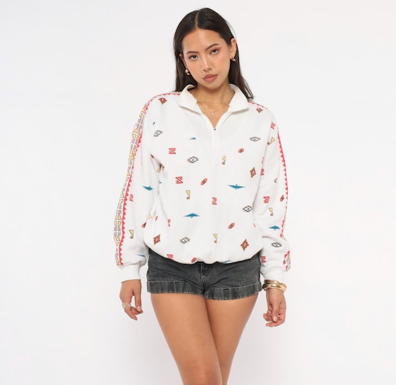 90s Southwestern Pullover White Quarter Zip Sweatshirt Aztec Bird Tribal Pattern Cream Top Geometric Folk Eagle Relaxed Fit Shirt Large L