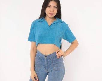 80s Terry Cloth Crop Top Blue Polo Collar Short Sleeve Pullover Cropped Shirt V Neck Cotton Preppy Collegiate Vintage Small To Medium S M
