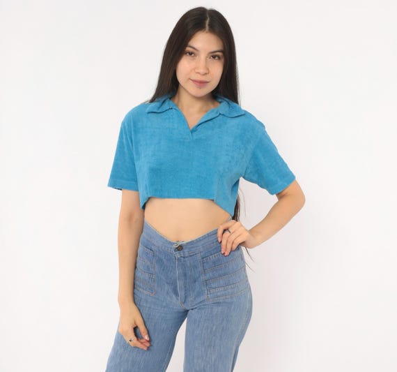 80s Terry Cloth Crop Top Blue Polo Collar Short Sleeve Pullover Cropped Shirt V Neck Cotton Preppy Collegiate Vintage Small To Medium S M