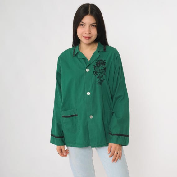Dragon Embroidery Button Up 70s Vintage Green Shirt Black Long Sleeve Cotton Top Casual Lounge Pajama Style Collared Blouse Large L