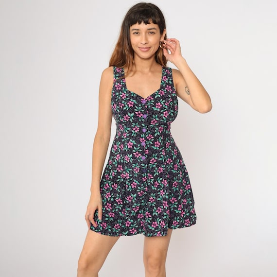Vintage Floral Romper Dress 90s Black Sweetheart Neckline Mini Playsuit Retro One Piece Wide Leg Shorts Button Up Sleeveless 1990s Medium