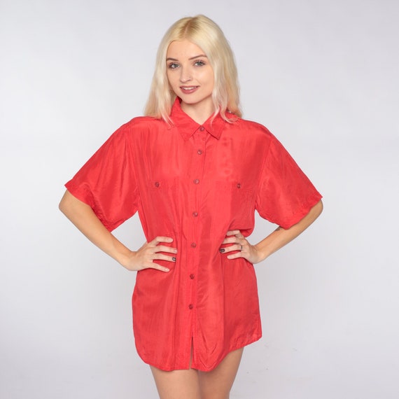Red Silk Blouse 90s Button Up Shirt Retro Plain S… - image 4