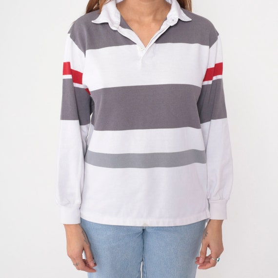 Striped Rugby Shirt 90s White Grey Polo Shirt Lon… - image 8