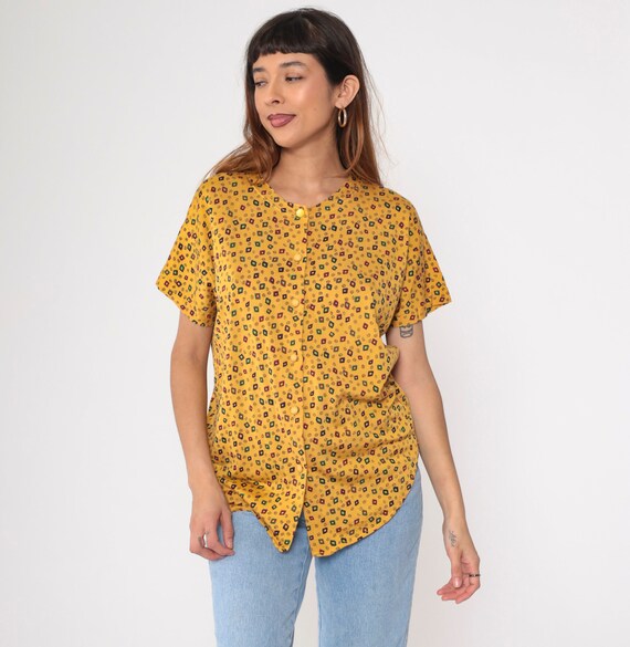 Geometric Button Up Shirt 90s Yellow Blouse Short Sleeve Vintage 1990s Purple Ditsy Diamond Print Medium