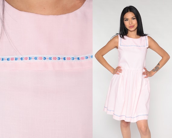 Sailor Collar Dress 60s Mini Dress Baby Pink Nautical Dress Cotton Blend Casual Day High Waist 1960s Vintage Sleeveless Extra Small xs 2xs