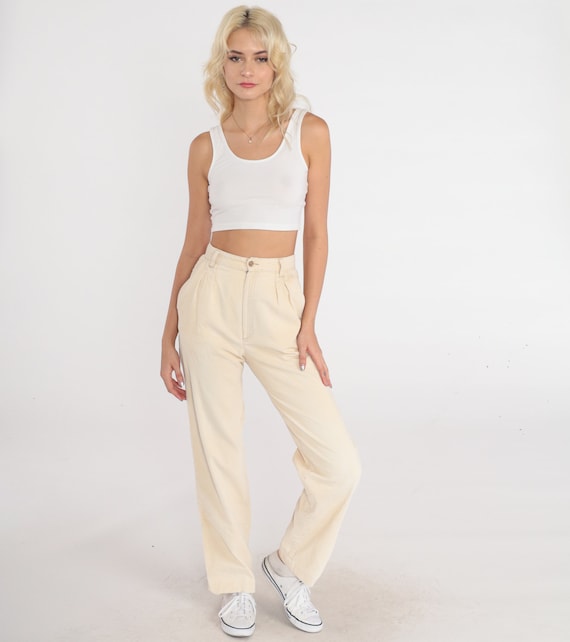 Pleated Corduroy Pants 80s Cream High Waisted Trousers Straight Leg Mom Pants High Waist 1980s Relaxed Preppy Vintage Extra Small xs 0
