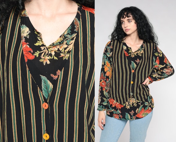 90s Floral Blouse -- Black Striped Attached Vest Shirt Button Up Shirt Rayon Botanical Blouse Long Sleeve Top 1990s Vintage Tropical Large