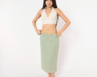 Y2K Green Tweed Midi Skirt Boucle Woven Pastel Blue Pink Straight Pencil High Waist Preppy Light Academia Spring Vintage Womens Medium M