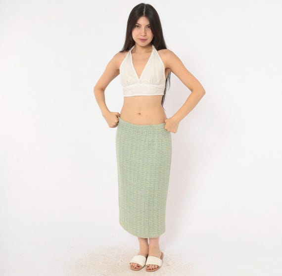 Y2K Green Tweed Midi Skirt Boucle Woven Pastel Blue Pink Straight Pencil High Waist Preppy Light Academia Spring Vintage Womens Medium M