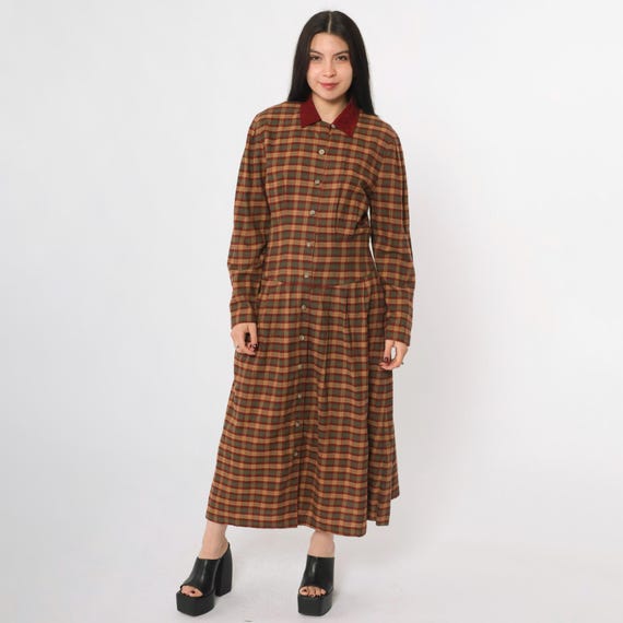 Vintage Plaid Shirt Dress 80s Button Up Midi Mustard Yellow Red Green Checkered Shirtdress Drop Waist Long Sleeve 1980s Oversized Small 4