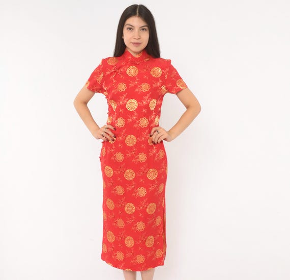 80s Red Gold Cheongsam Mandarin Collar Midi Dress Qipao Chinese Traditional Frog Button Closure Medallion Print Floral Asian Fitted Small S