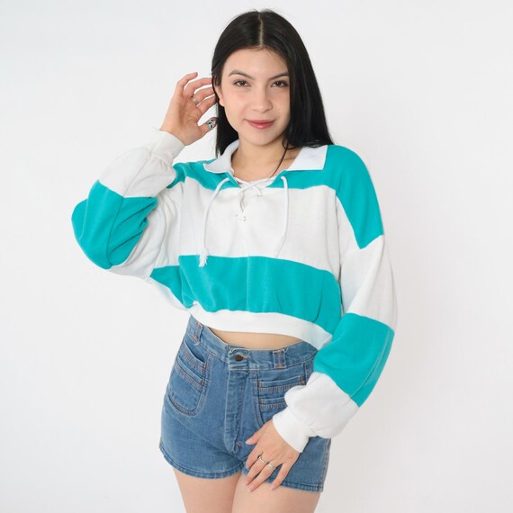 Vintage Striped Crop Sweatshirt 90s Lace Up Collared Cropped White Turquoise Blue Sweater Retro Preppy Long Sleeve Shirt 1990s Large