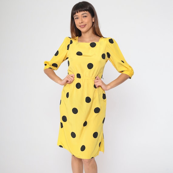 Yellow Polka Dot Dress 80s 3/4 Puff Sleeve Midi Dress Black Coin Dot Print 1980s High Waisted Vintage Slouchy Blouson 1980s Secretary Small