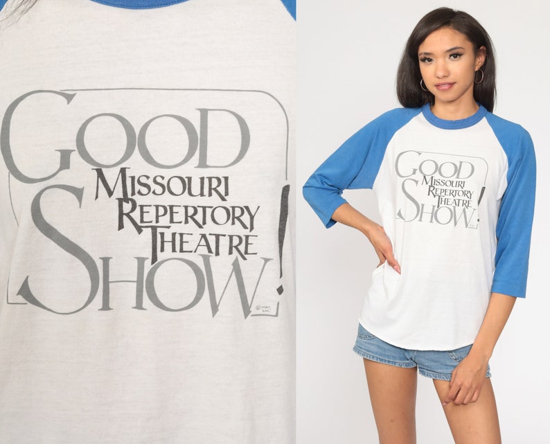 Missouri Repertory Theatre Shirt Ringer Tee Shirt Kansas City Shirt 80s TShirt Baseball Graphic Vintage 1980s Tee Raglan Small Medium zdjęcie 1