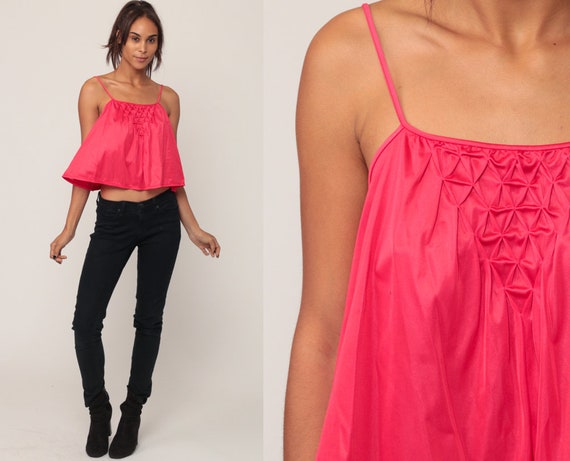 Red Lingerie Top Camisole Tank Top 70s 80s Cami Top Nylon Tent Top PINTUCK Babydoll Top Vintage Bohemian Small Medium