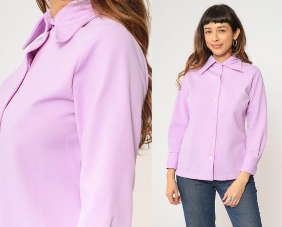 70s Lavender Blouse Dagger Collar Button Up Long Sleeve Top Pastel Retro Plain Disco Shirt Collared Seventies Vintage 1970s Medium