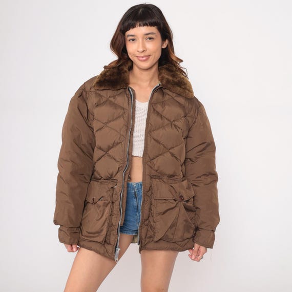 70s Quilted Down Jacket Brown Tan Faux Fur Collar Diamond Pattern Winter Coat Outdoor Puffer Vintage Gorpcore Warm Ski Hiking Medium M