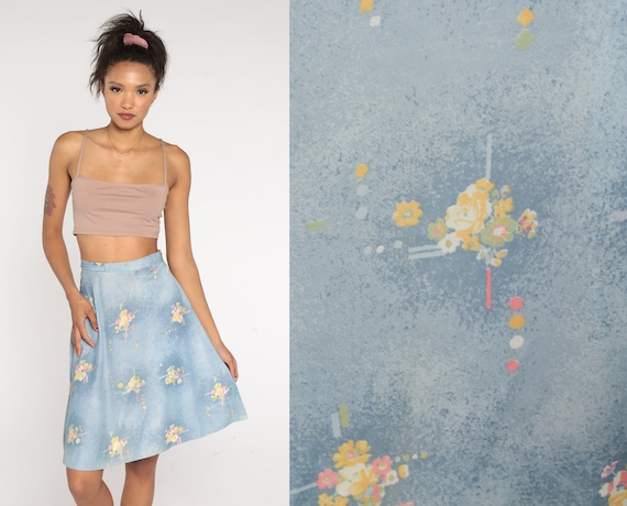 Hippie Wrap Skirt 70s Blue FLORAL Print Mini Skirt 1970s Boho Skirt Bohemian High Waist Vintage Small Medium