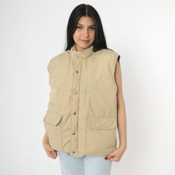Vintage Tan Down Puffer Vest Ski Vest Retro 80s Vest Goose Down Puffy Sleeveless Jacket Winter Vest Taupe Warm Vest 1980s Orvis Large