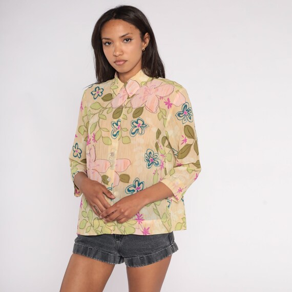 Floral Blouse Y2K Semi Sheer Button Up Shirt Tropical Flower Print Long Sleeve Top Collared Retro Summer Beige Vintage 00s Crepe Medium M