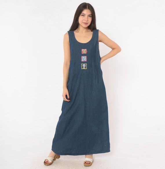 School Patches Denim Jumper 90s Sleeveless Maxi Dress Blue Cotton A Line Side Button Closure Teacher Style Novelty Applique Vintage Large L
