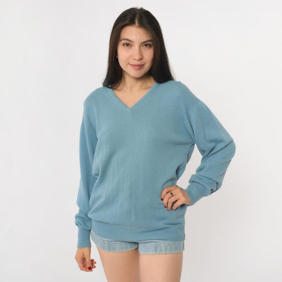 70s Light Blue Sweater Cashmere V Neck Long Sleeve Vintage Oversized Preppy Pullover Knit Casual Soft Cozy Classic Retro Style Large L 44