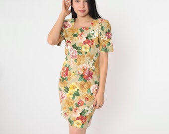 Vintage Floral Sheath Dress  Mini Dress 90s Tan Flower Print Dress 1990s Short Sleeve Minidress Shift Retro Square Neck Extra Small xs 2