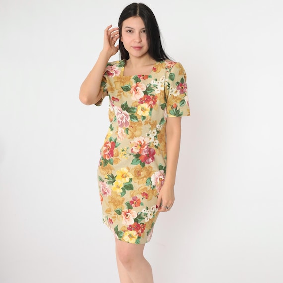 Vintage Floral Sheath Dress  Mini Dress 90s Tan Flower Print Dress 1990s Short Sleeve Minidress Shift Retro Square Neck Extra Small xs 2
