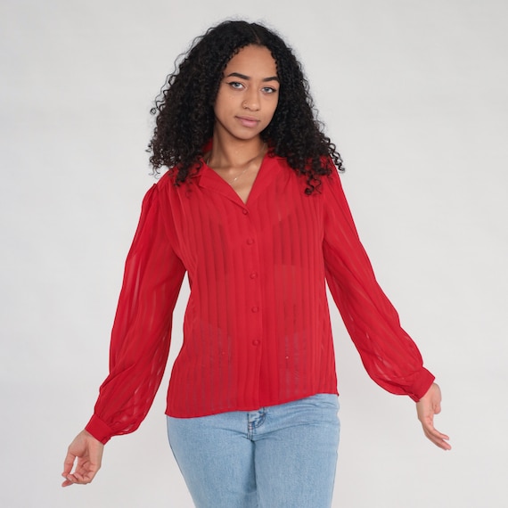 Puff Sleeve Blouse Red Striped Shirt Semi-Sheer 80s Button Up Shirt Vintage Long Sleeve Blouse Retro 1980s Medium Large
