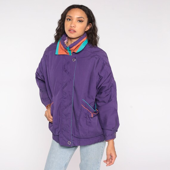 Purple Windbreaker Jacket 90s Zip Up Jacket Turquoise Orange Piping Striped Warmup Hipster Ski Jacket Vintage 1990s Warm Up 80s Medium M