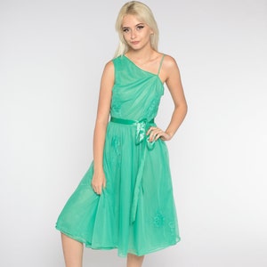One Shoulder Dress 60s Slip Party Dress Green Nylon Nightgown Floral Lace Applique Midi Dress High Waist Cocktail Vintage 1960s Small S 32