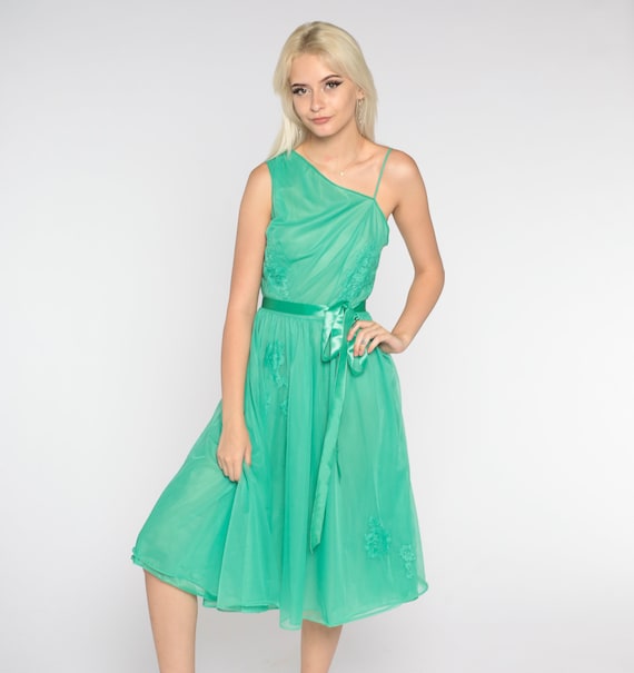 One Shoulder Dress 60s Slip Party Dress Green Nylon Nightgown Floral Lace Applique Midi Dress High Waist Cocktail Vintage 1960s Small S 32