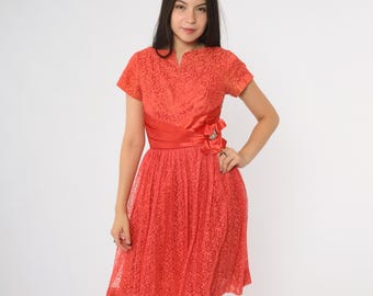 60s Lace Dress Red Coral Orange Short Sleeve V Neck Midi Satin Bow Belt Rhinestone Brooch Party Cocktail Valentine Date Night Extra Small XS