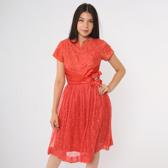 60s Lace Dress Red Coral Orange Short Sleeve V Neck Midi Satin Bow Belt Rhinestone Brooch Party Cocktail Valentine Date Night Extra Small XS