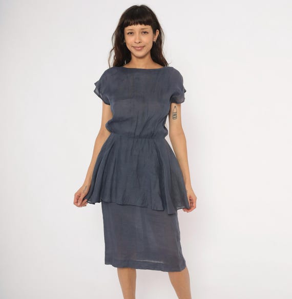 80s Peplum Linen Dress Slate Blue Grey BIS Cap Sleeve Layered Skirt Boat Neck Office Siren Corporate Femme Workwear Vintage Womens Small S