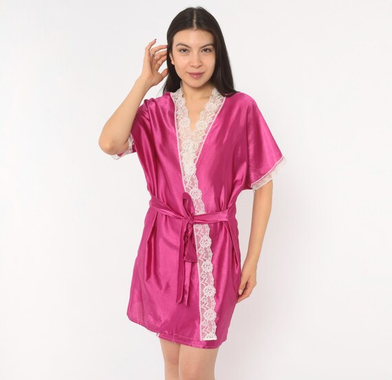 Fuchsia Satin Robe 80s Lace Trim Kimono Short Sleeve Tie Front Magenta Pink Duster Lingerie Coquette Sleepwear Vintage Medium To Large M L