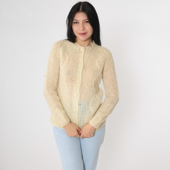 Vintage Cream Cable Knit Cardigan 70s Sheer Button Up Sweater Wool Retro Openwork Loose Knit Sweater Grandma Cableknit 1970s Small