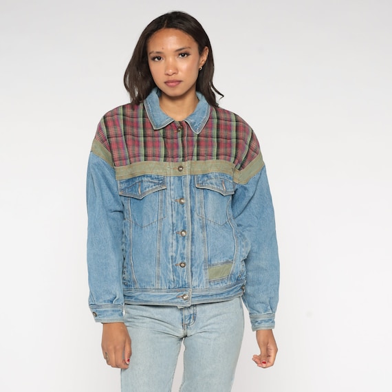 Plaid Jean Jacket 90s Denim Jacket Western Yoke Jacket Grunge Vintage 1990s Trucker Jacket Blue Pink Mixed Blues Small