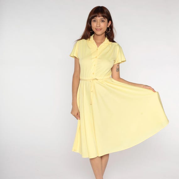 70s Shirt Dress Pale Yellow Button Front Midi Tie Belt Collar Polyester Vintage Union Made A-line Pastel Sundress Garden Party Medium 7