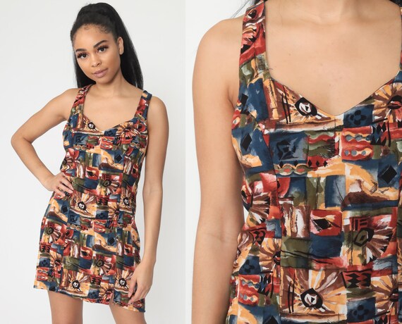 Summer Dress Mini Sundress 90s FLORAL Print Sun CRISS CROSS Grunge Sheath Patchwork Cute Bohemian 1990s Vintage Boho Small
