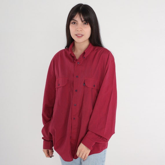 80s Levis Shirt Red Railroad Stripe Button Up Shirt Retro Levi Strauss Collared Boyfriend Top Long Sleeve Navy Blue Vintage 1980s Large