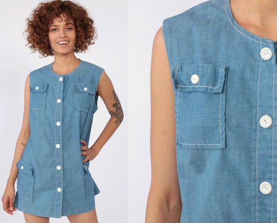Mod Denim Top Tunic Top 70s Micro Mini Dress Chamb