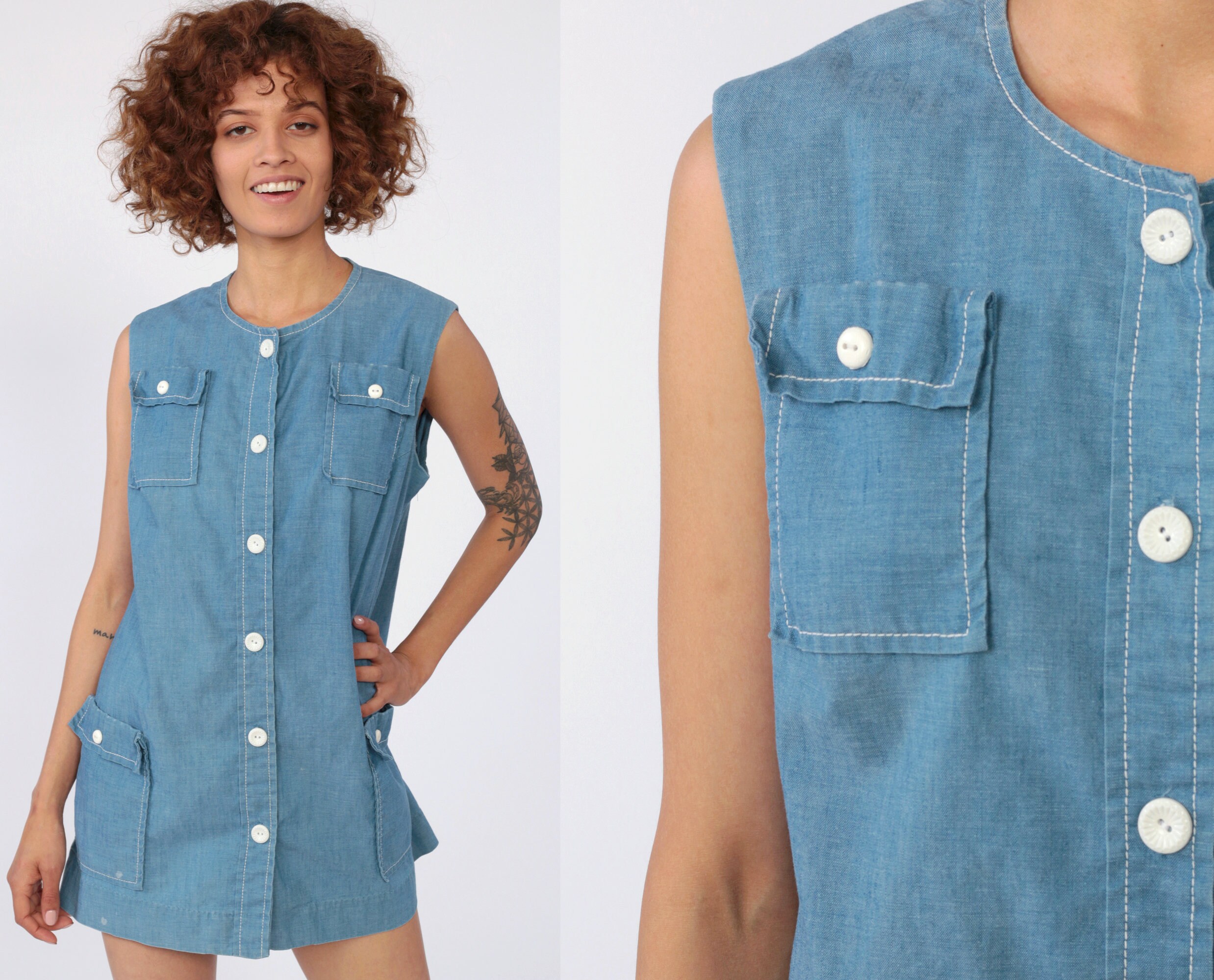 70s Micro Mini Dress Chambray Shirt 