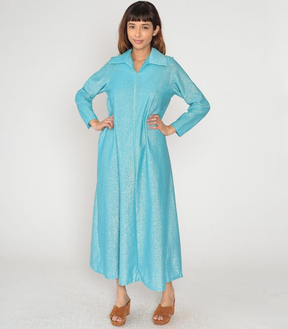 70s Metallic Lounge Robe Turquoise Blue Shimmer Maxi Housecoat Collared Aqua Duster Loungewear Sparkle Disco Glam Kaftan Vintage Large L